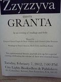 Zyzzyva meets Granta, 02.07.2012 Poster for Zyzzyva & Granta event at City Lights Bookstore.