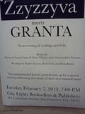 Zyzzyva meets Granta, 02.07.2012 Poster for Zyzzyva & Granta event at City Lights Bookstore.