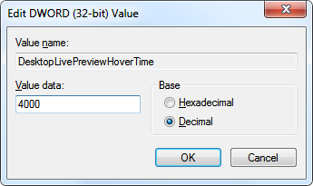 Adjust DesktopLivePreviewHoverTime Como acerlerar el Aero peek en Windows 7